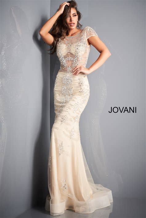 Jovani Nude Silver Beaded Backless Evening Dress