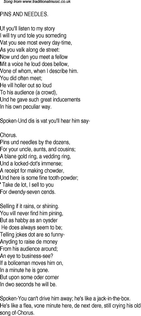 Feed my eyes, can you sew them shut? Old Time Song Lyrics for 18 Pins And Needles