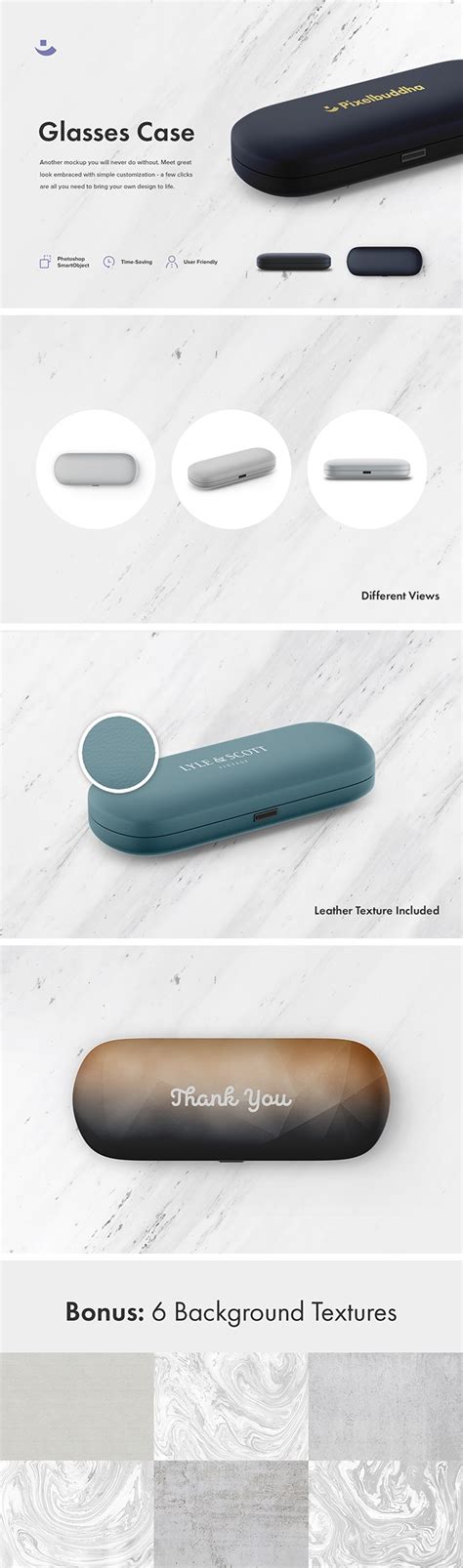 Layered psd easy smart object insertion license: Glasses case mockup set — download PSD template