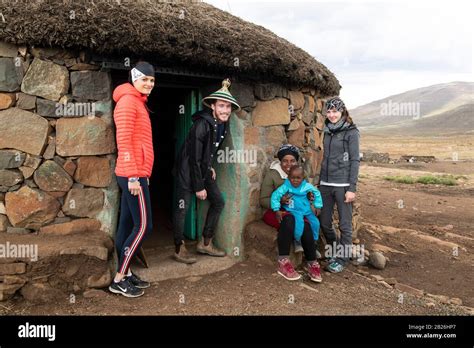 Tourists Visiting A Traditional Basotho Village Sani Top Lesotho