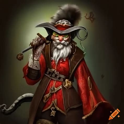 A Heroic Catfolk Swashbuckler With Grey Fur Wearing A Red Outfit And A