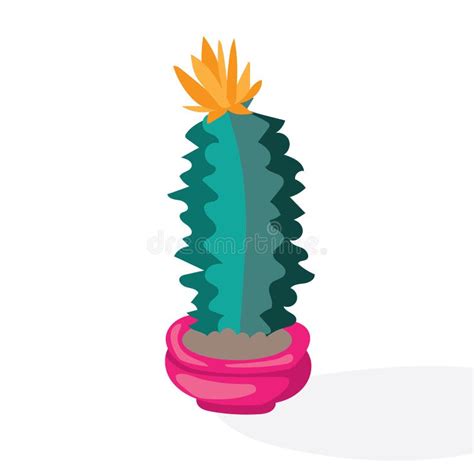 Cartoon Cactus Desert Flat Vector Illustration Green Blooming Cactus