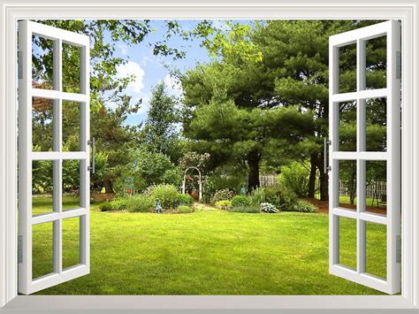 Wall Mural Beautiful Garden View Out Of The Open Window Wall Decor