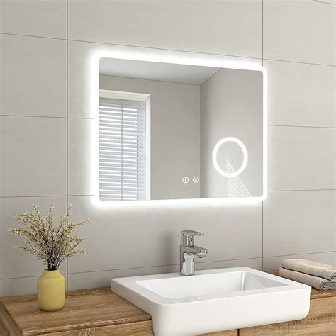 Buy Emke Backlit Illuminated Bluetooth Bathroom Mirror With Shaver Socket 800x600 Mm Wall Ed
