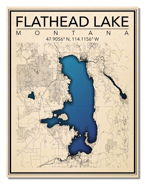 Wall Art Map Print Of Flathead Lake Montana Etsy