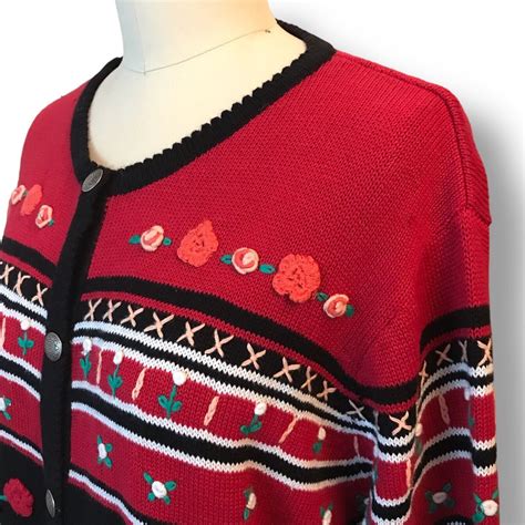 Vtg Willow Ridge Black Red Floral Button Knit Cardiga… - Gem