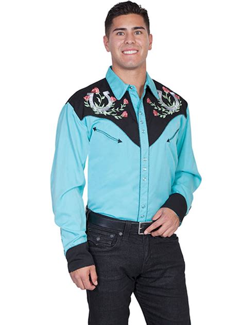 Scully Mens Shirt Horseshoe Floral Tooled Embroidery Turquoise