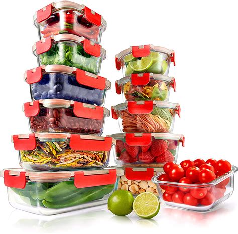Nutrichef Ncglred 24 Piece Superior Glass Food Storage Containers Set Stackable Design With