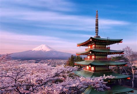 japan, stratovolcano, mount, Fuji, spring, pagoda, architecture, tree ...