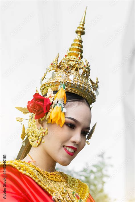 beautiful thai girl in traditional dress red dancer costume identity culture of thailand close
