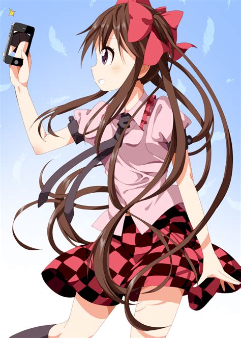 Ruu Tksymkw Himekaidou Hatate Touhou 1girl Brown Hair Cellphone Checkered Clothes