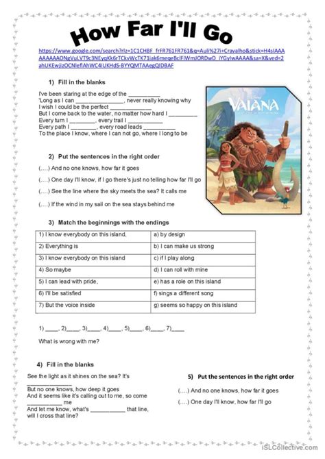 How Far Ill Go Moana Song And Nur English Esl Worksheets Pdf And Doc