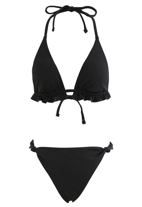 Halter Neck Solid Black Triangle Bikini Set Retro Indie And Unique Fashion