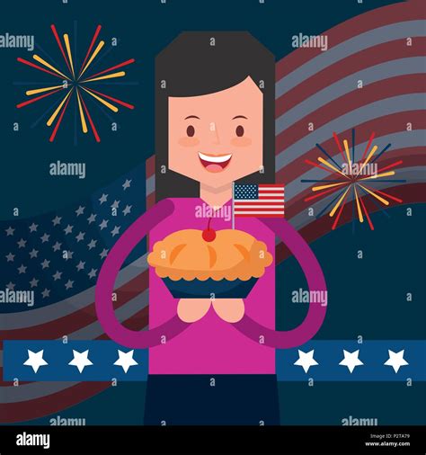 woman holding sweet pie flag fireworks american independence day vector illustration stock
