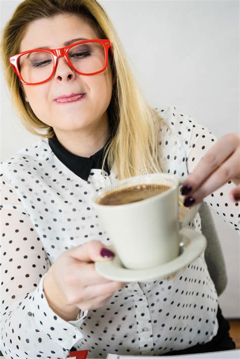 Happy Woman At Office Drinking Hot Coffee Stock Image Image Of Young