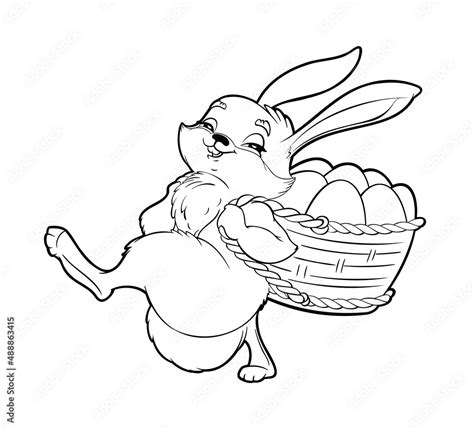 Coloring Book Cute Easter Bunny Carries Behind A Basket With Painted