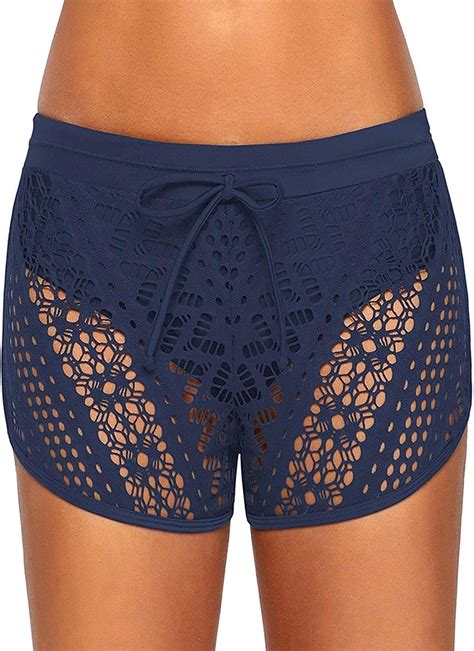 Newshop Womens Hollow Out Lace Crochet Plus Size Swimsuit Shorts Swim Board Shorts Blue At