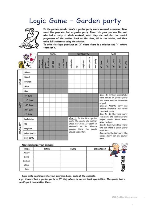 Logic Game 66th Garden Party With Key English Esl Worksheets