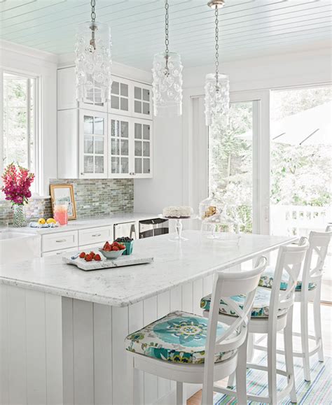To emulate the bright and breezy characteristics of the seashore, start your coastal kitchen with white kitchen cabinets. White and Turquoise Kitchen - Cottage - kitchen - Coastal ...