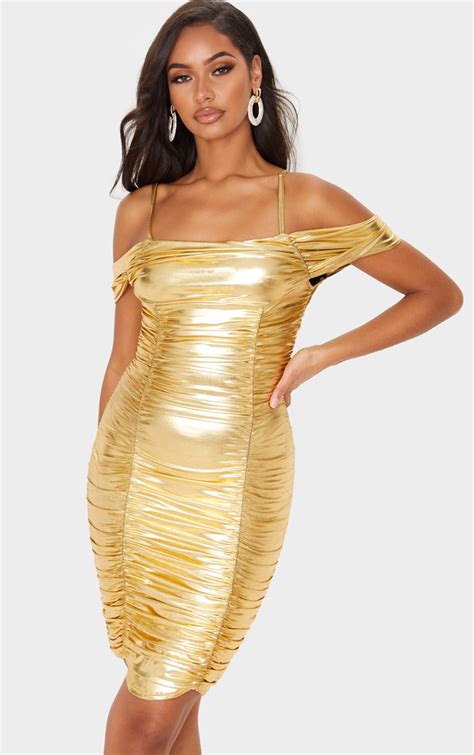 Gold Metallic Ruched Cold Shoulder Bodycon Dress Prettylittlething Ca