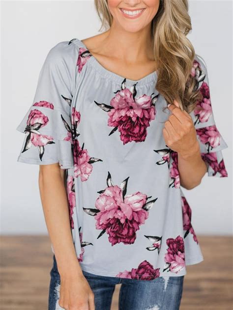 Off Shoulder Shirring Floral Print Casual Blouse With Images Casual