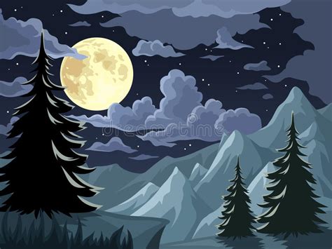Paysage De Nuit Avec Des Arbres Des Montagnes Et La Pleine Lune