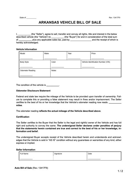 Free Arkansas Vehicle Bill Of Sale Form Pdf And Word