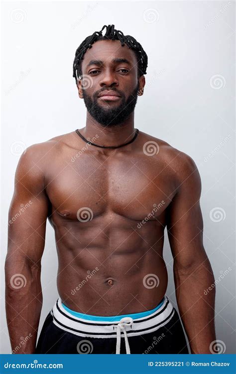 Confident Black Strong Bodybuilder Man With Naked Muscular Torso