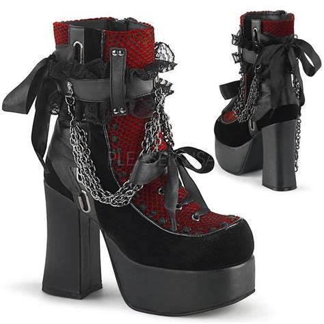 Demonia Black And Red Platform Boots W Chains Lace And Ribbons Charade 110 Goth Shoes Lace
