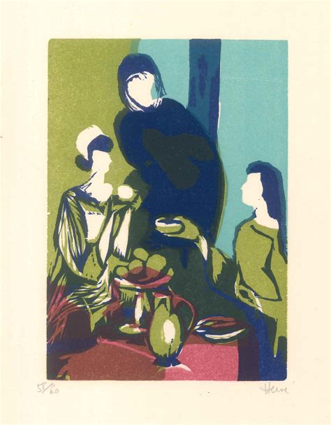 Jeannine Hervé Three Dining Woman Original Lithograph By Jeannine