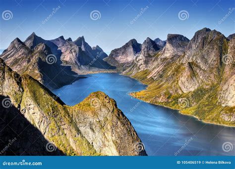 Norway Lofoten Islands Coast Landscape Mountains Fjords Stock Image