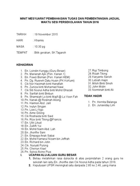Here are 3 possible meanings. Minit Mesyuarat Pembahagian Tugas Dan Pembentangan Jadual ...