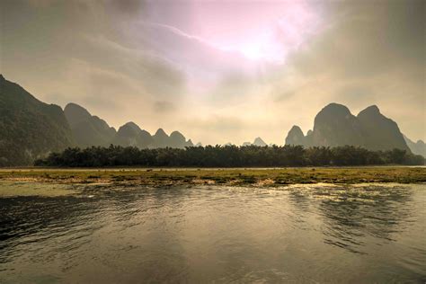 Lijiang River Guilin China Sonnenaufgang Sonnenuntergang Zeiten