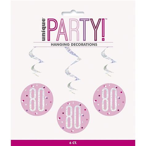 Unique Party Glitz Pink 80th Swirl Dec 6pk Hanging Decorations From