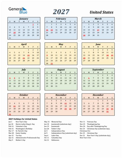 2027 United States Calendar With Holidays
