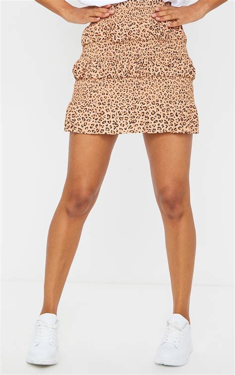 Tan Leopard Tiered Frill Mini Skirt Skirts Prettylittlething Usa