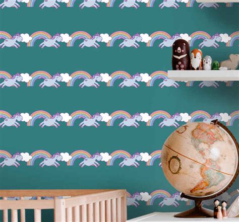 Teal Background With Unicorns And Rainbows Wallpaper Paintings