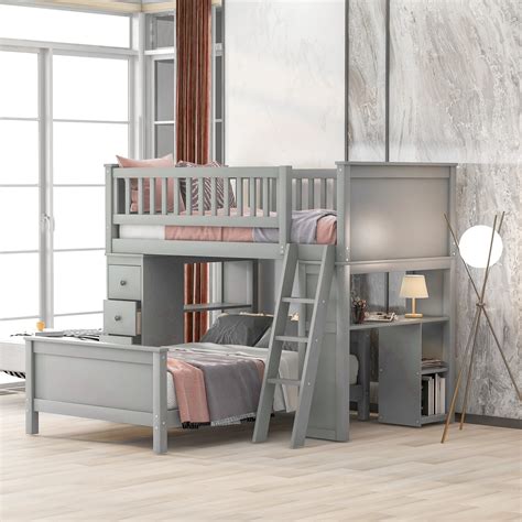 Euroco Twin Over Twin Loft Bed With Four Drawers And Ladder For Kids