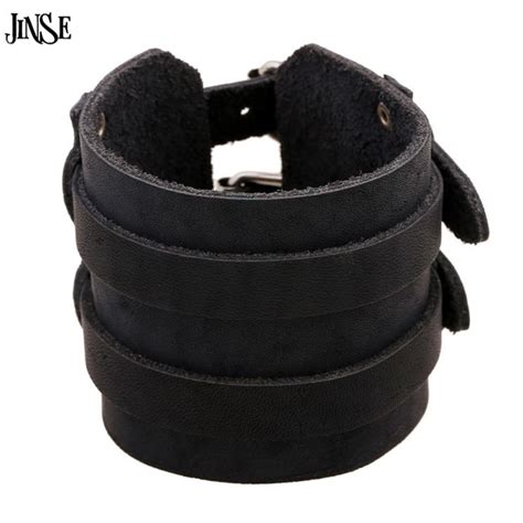 JINSE Fashion Double Belt Leather Wrist Friendship Big Wide Bracelet