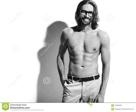 Fashion Stylish Hipster Model Man With Bare Chest In Glasses Isolated On White Stock Image