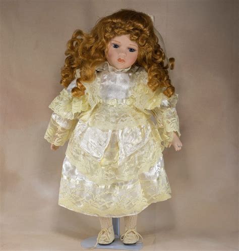 Collector S Porcelain Girl Doll 16 Red Hair Blue Eyes Yellow Lacy