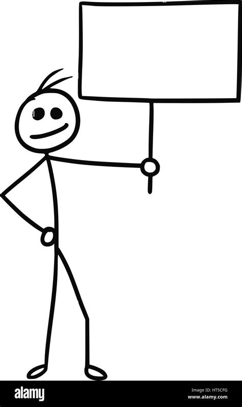 Cartoon Vector Doodle Stickman Holding Empty Sign For Your Text Stock