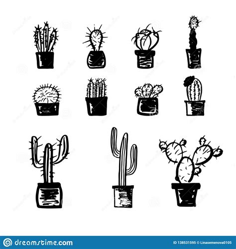 Set Of Marker Hand Drawn Cactus In The Pots Vector Illustration Stock