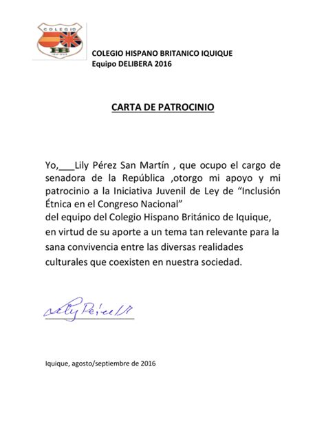Carta De Patrocinio Yolily Pérez San Martín Que Ocupo