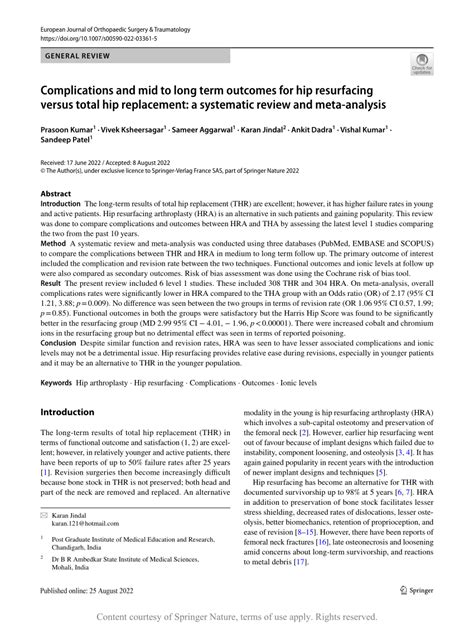 Complications And Mid To Long Term Outcomes For Hip Resurfacing Versus