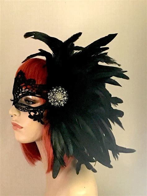 Black Lace Masquerade Mask With Feathers Masked Ball Etsy