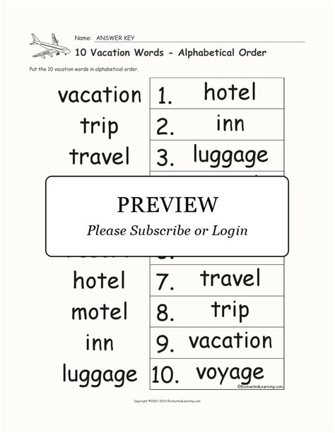 10 Vacation Words Alphabetical Order Worksheet Enchanted Learning