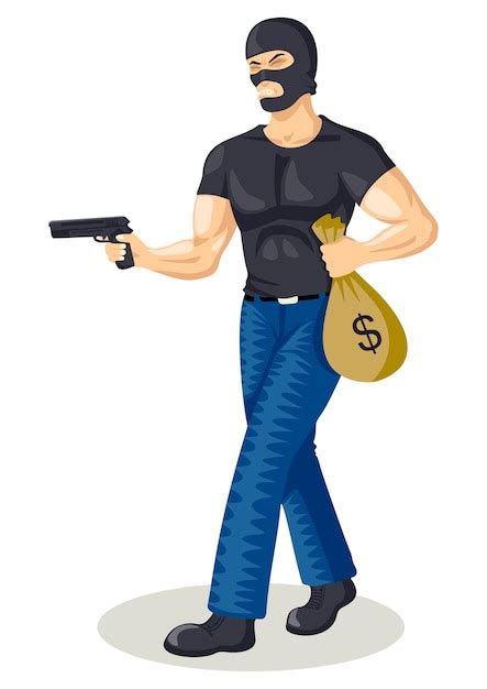 ilustración de dibujos animados de un ladrón con un arma y una bolsa de dinero vector premium
