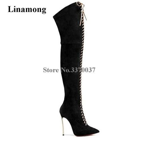 Women Sexy New Fashion Black Suede Leather Pointed Toe Over Knee Stiletto Heel Gladiator Boots