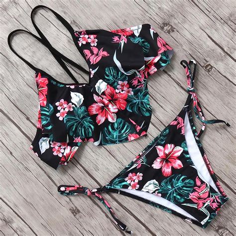 Ruffled Bikini 2019 Bandage Halter Swimsuit Women Floral Swimwear Thong